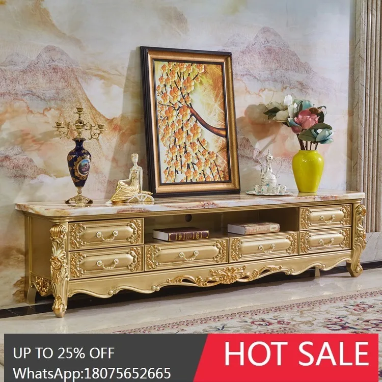 

MJY European Style Marble Living Room Small Apartment Solid Wood Carved Storage Cabinet