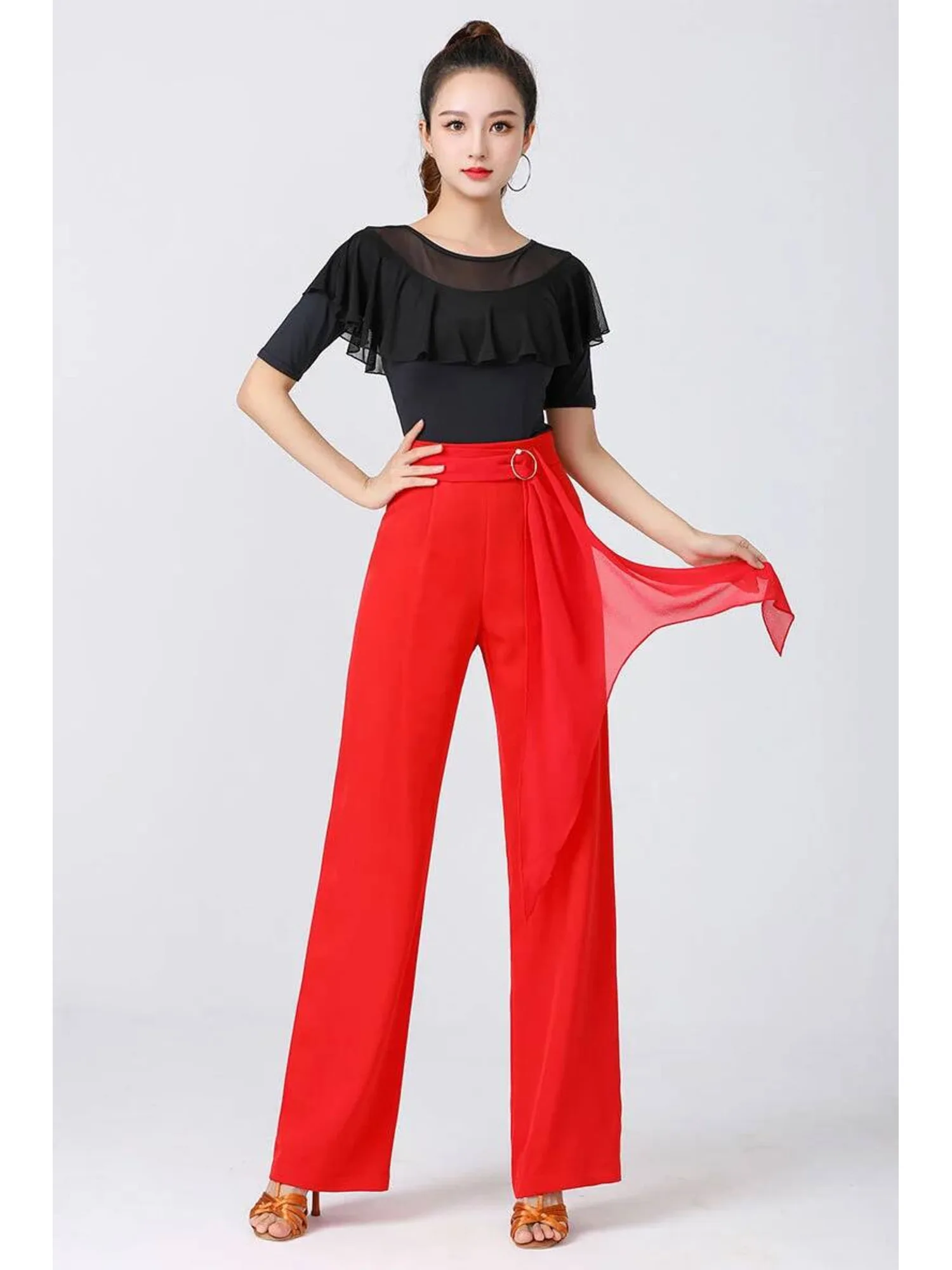 سروال رقص عالي الخصر وواسع الساق مع خصر ربطة عنق - بنطلون متدفق بلون سادة، بنطال جاز فاخر لأداء قاعة الرقص الحديث