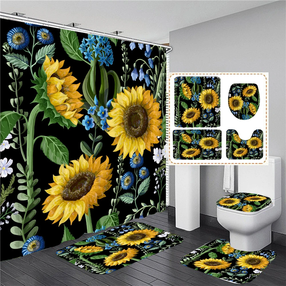 

Big Flowers Printed 3D Shower Curtain Waterproof Polyester Bathroom Curtain Anti-slip Bath Mat Set Toilet Rugs Carpet Home Decor