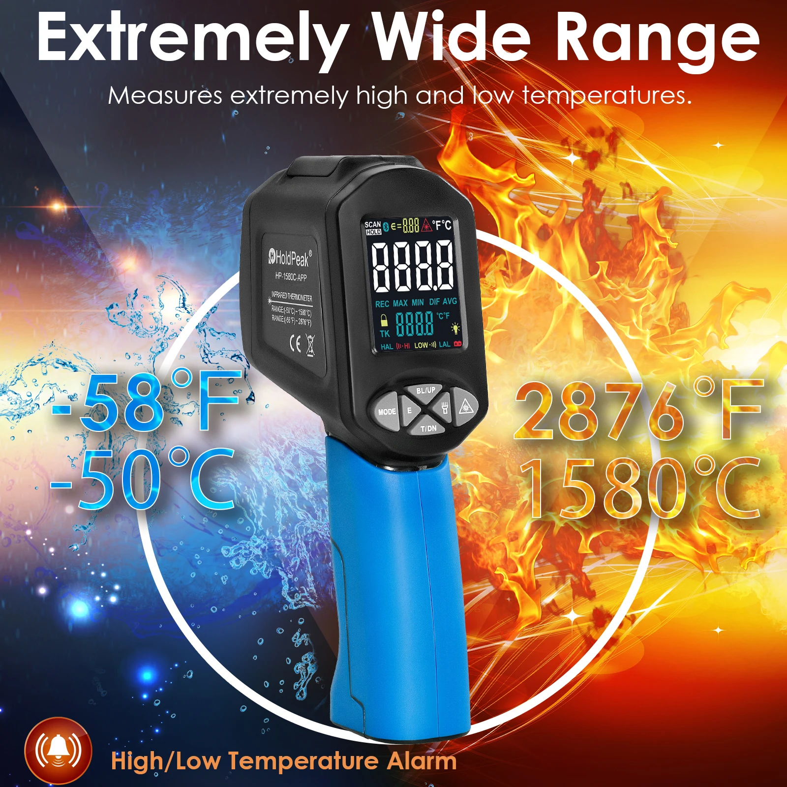 

Bluetooth AiLink APP Infrared Temperature Gun -50℃ to1580℃ Adjustable Emissivity 30:1 D:S Laser Digital IR Pyrometer