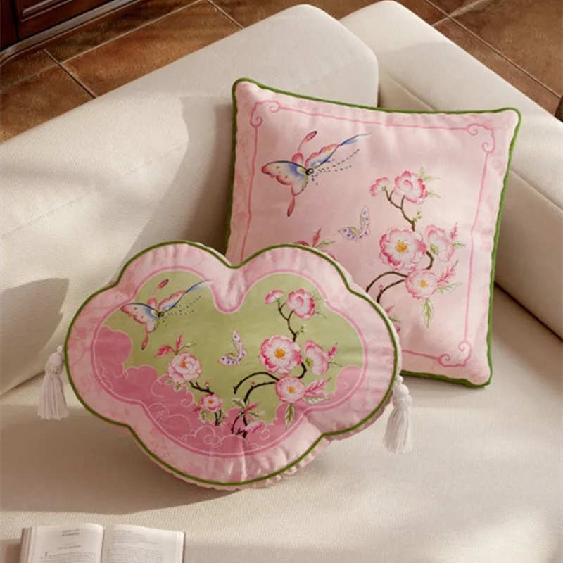 45x45cm New Chinese Style Pillow Cover, Pink Magnolia Floral Print Cushion Case, Soft Plush Decorative Throw Pillow for Sofa Bed