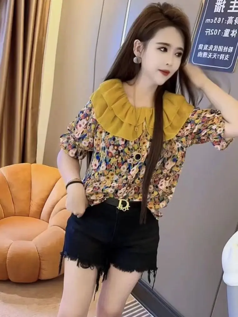 2024 Summer New Fashionable T-shirt High End Floral Short Sleeve Doll Neck Chiffon Sweater Loose Versatile Top