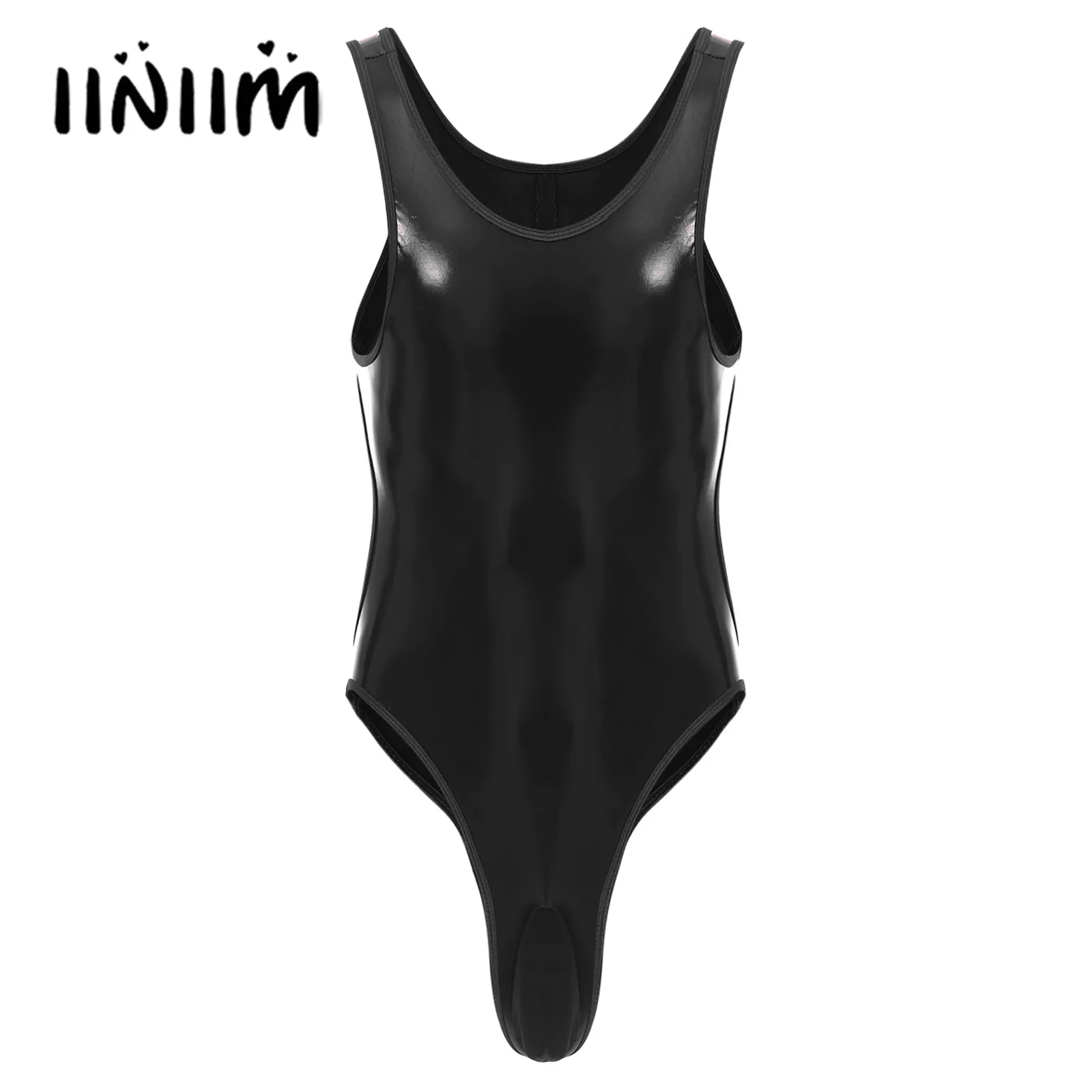 Mens Lingerie Bodysuit Underwear Bulge Pouch Sleeveless Bodysuit Wet Look Patent Leather High Cut U Neck Cutout Back Underwear