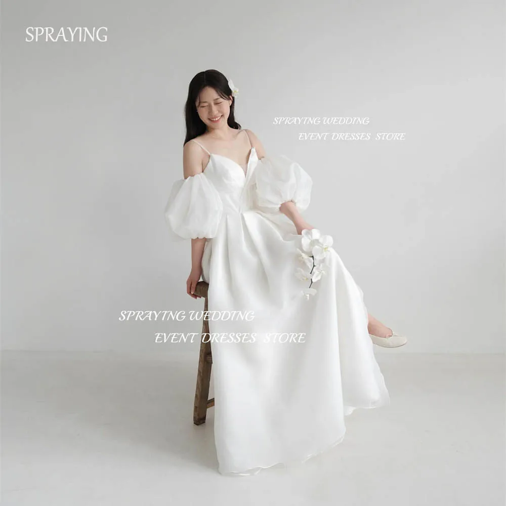 

SPRAYING Simple V-Neck Spaghetti Strap Korea Wedding Dresses Photo Shoot Long Puff Sleeve Sweetheart Bridal Gown 웨딩드레스 Corset