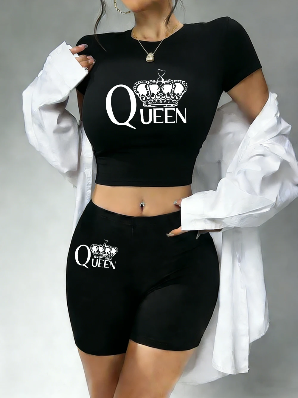 Sommer-Königinnenkrone Bedrucktes Crop-T-Shirt & Shorts Set für Damen, Sexy Zweiteiler, Oberteil und Hose, Hochelastisch, Weich, Schlank, O-Ausschnitt Kleidung