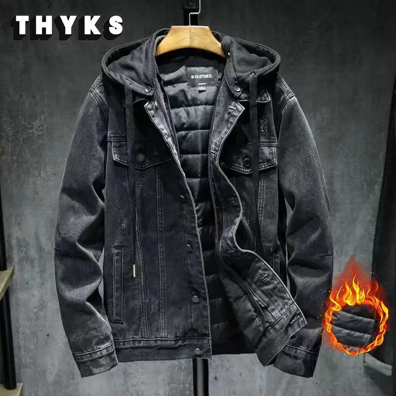 Plush Denim Hooded Jackets Fashion Winter Casual Removable Thicken Hole Loosed Jeans Coats Brand Clothes Mens Jacket Ropa Hombre