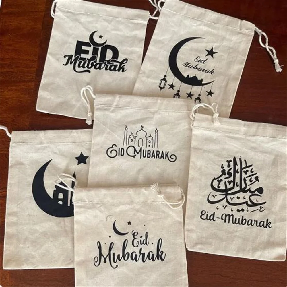 12 canvas Drawstring eid Mubarak gift bags Muslim Islamic Ramadan Kareem Iftar Party decoration family kid boy girl present