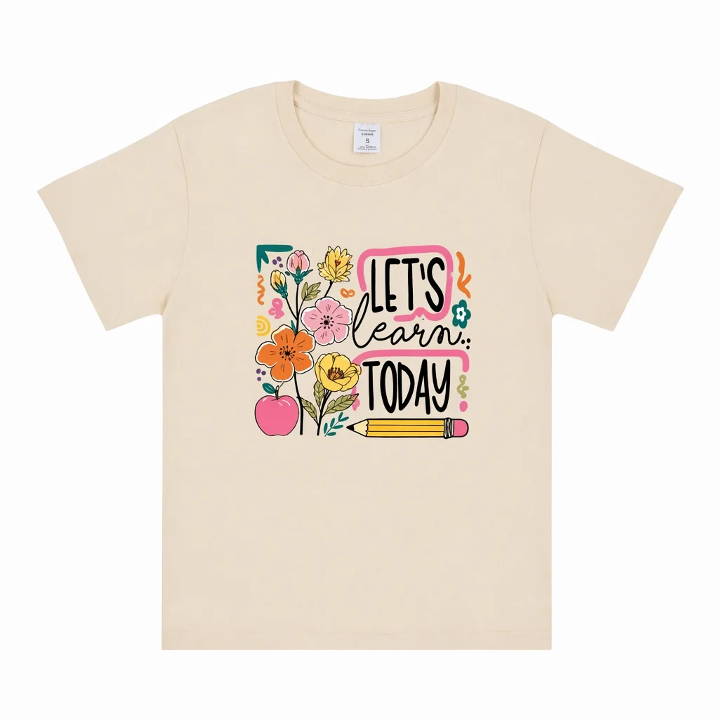 Women's Teacher Graphic T Shirt Let's Learn Today Floral Apple Pencil Print 100% Cotton Oversized Back to School Tee