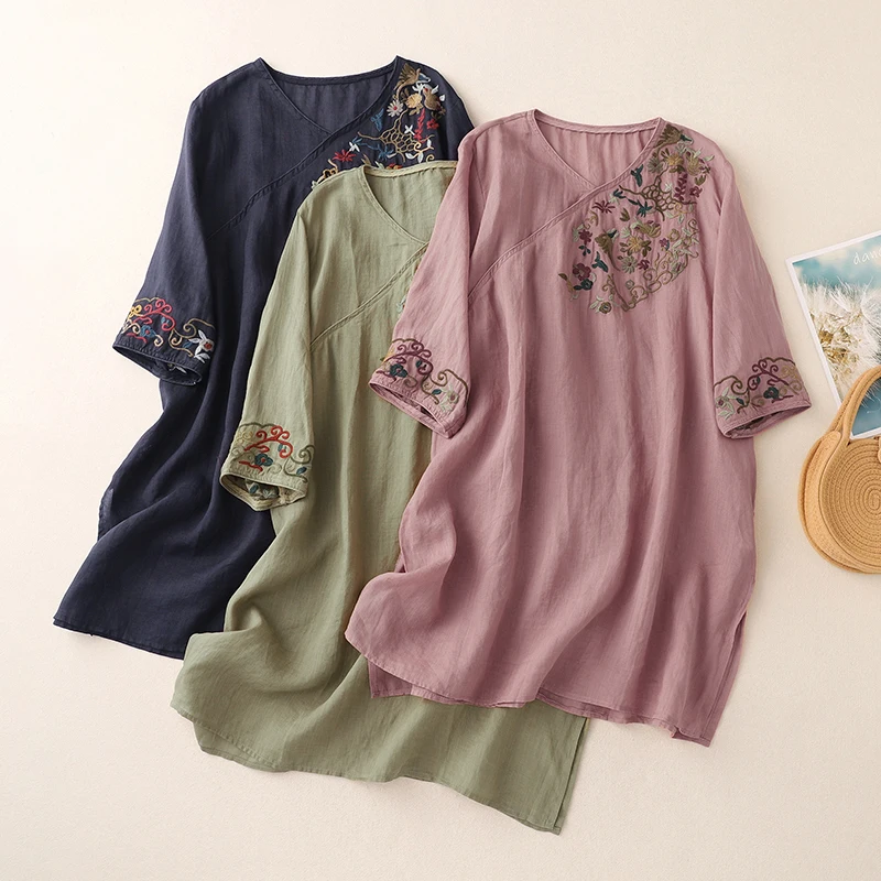 Baju Wanita Katun Linen Bordir Artistik Retro, Model Longgar, Meniruskan, Musim Panas, Terbaru, Pakaian Ibu
