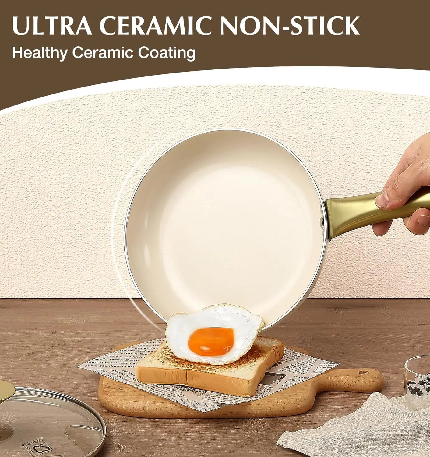 

KOCH SYSTEME CS Nonstick Frying Pan with Lid, 8/10 Inch Non-Stick Skillet with Gold Stay-Cool Stainless Steel Handle