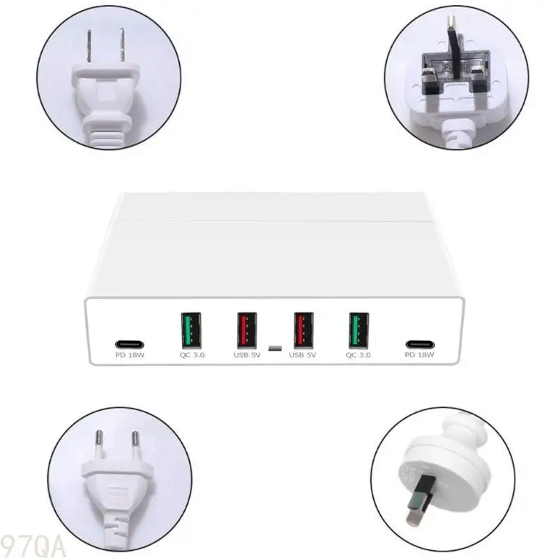 

97QA Power Base Block Charging Adapter Hub AU/EU/UK/US Plug Charger Hub 6 Ports Fast Charger Adapter for Cellphone Tablet