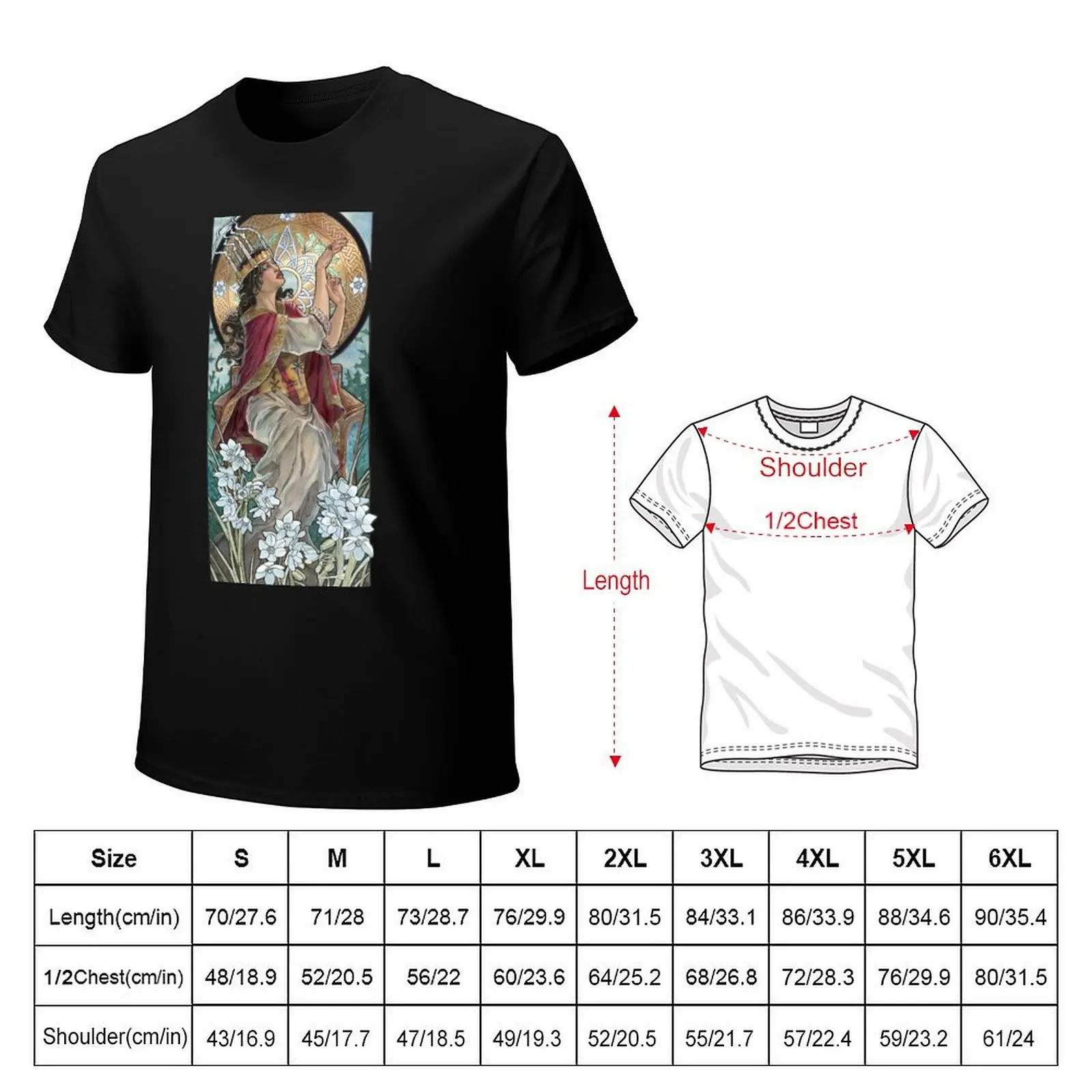 Lady of December with White Narcissus and Saint Lucy Candle Crown Goddess Mucha Inspired Birthstone Series T-Shirt