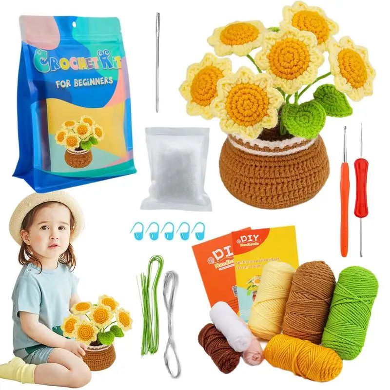 

Crochet Kit For Beginners Children DIY Handmade Crafts Toys Potted Sunflower Plants Needle Crochet Accessories Kit For Starters