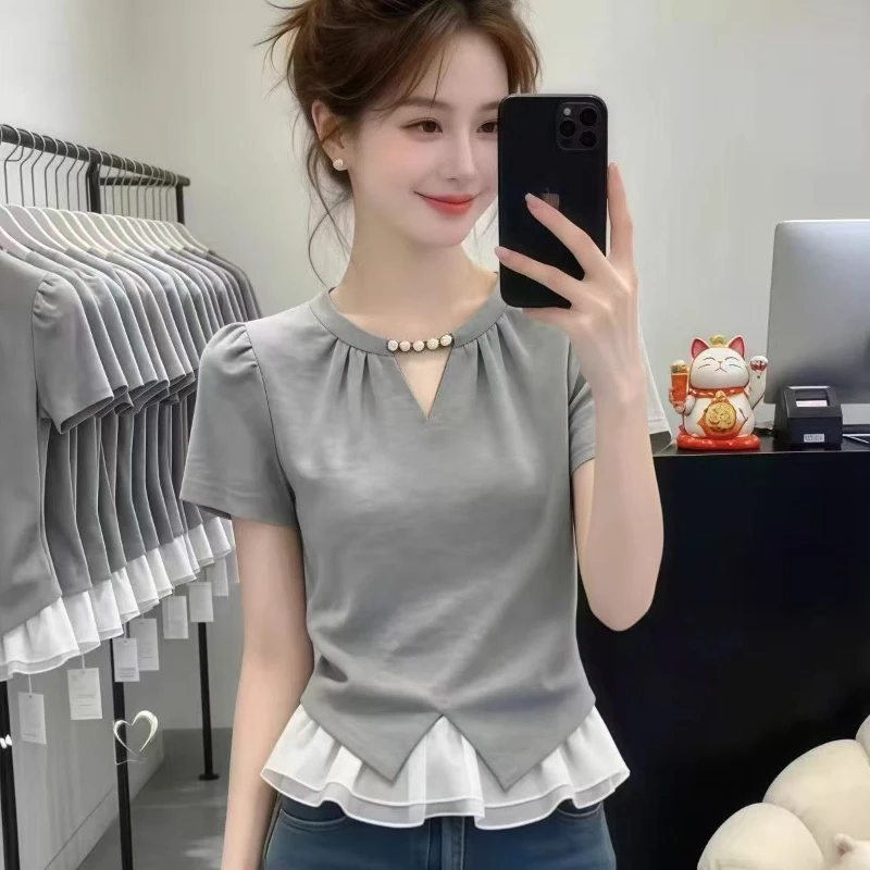 Temperament Contrast Patchwork Short Sleeve T Shirts Women Clothing New Summer Hollow Out Youth Korean Tops Tees Fashion Casual