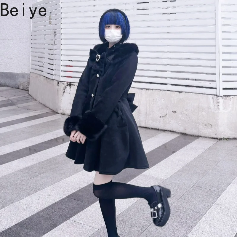 Women Sweet Lolita Winter Wool Blend Coat Faux Fur Cuff Big Bow Heart Button Wool Coat Ladies Japanese Harajuku Warm Outerwear
