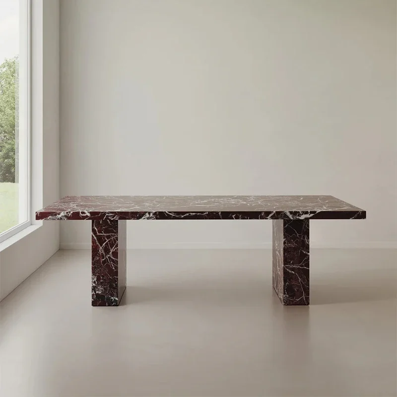 #Dream Home Luxury Rosso Levanto Marble Dining Table Rectangular Top Two Thick Block Legs Modern Home Dining Table