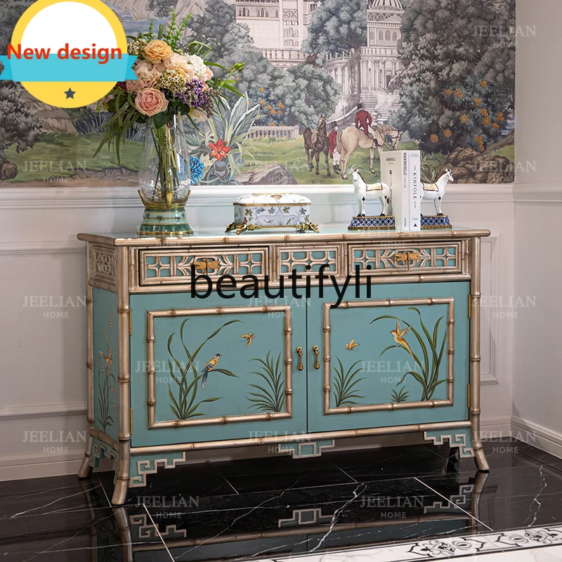 

A139 Retro Green Hand-painted Flower and Bird Painting Double-door Entrance Cabinet American Country Style Solid Wood Sideboard