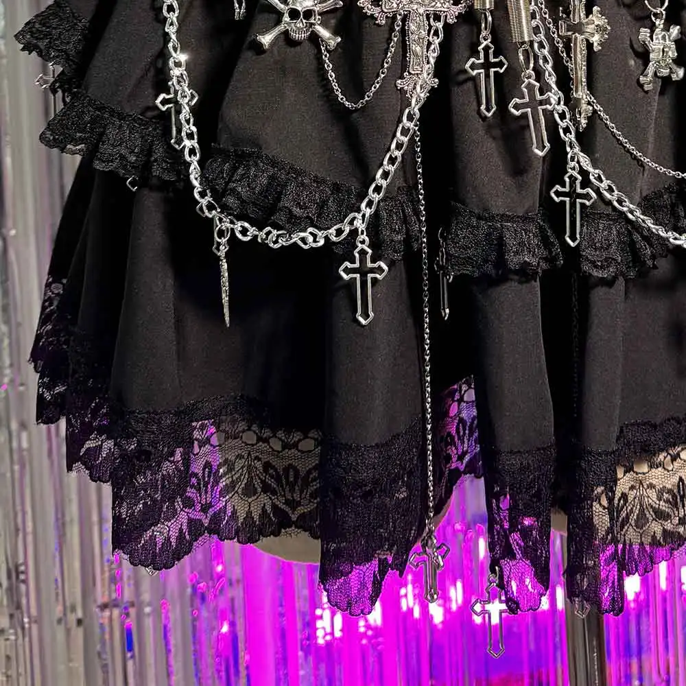 パンクロック ハンドメイド DIY ゴスチェーン ティーン ゴシック スカート グランジ 90年代 クラブウェア Y2K Eガールズ 原宿系 カワイイ エモ クロス スカル エコ