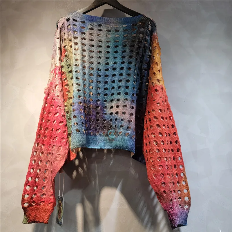 WHT Nova Moda Feminina Gradiente Oco Out Design Camiseta Solta 2025 Verão Na Moda O-pescoço Mangas Compridas Tops Feminino 1LS1692