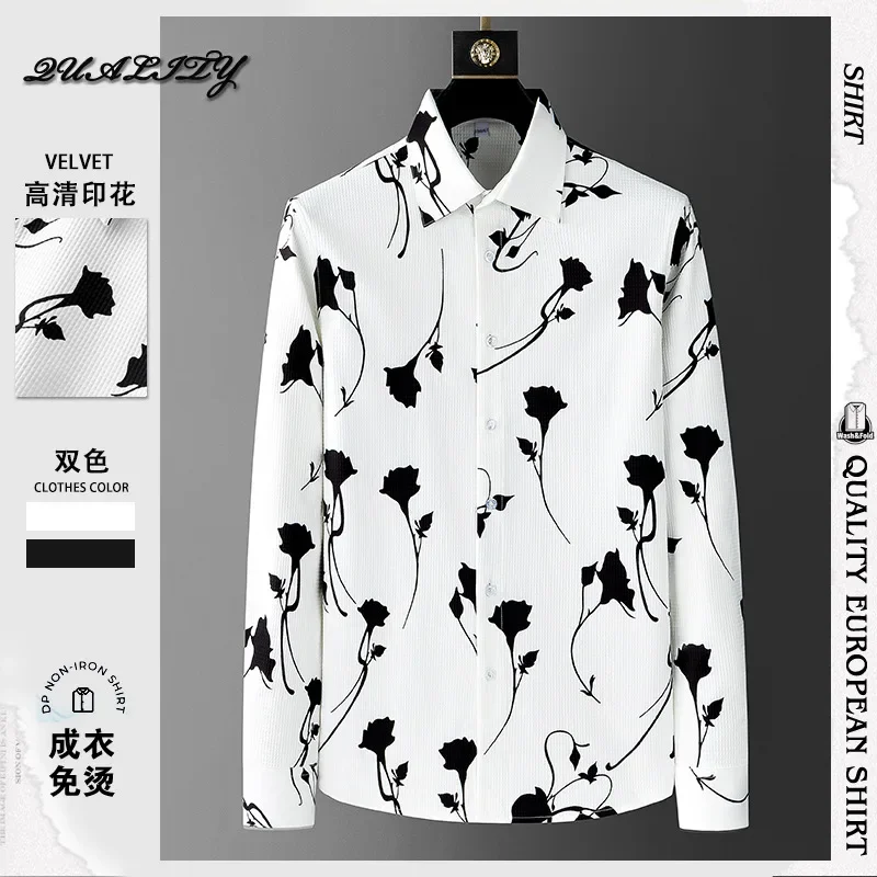 

M-5XL Autumn Flower Shirt for Men Long Sleeved Casual Business Dress Shirt Fashion Loose Social Party Streetwear Men Clothing