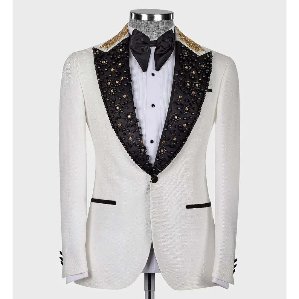 White Pearls 3 Piece Jacket Vest Pants Men Suits Formal Blazer Prom Wedding Groom