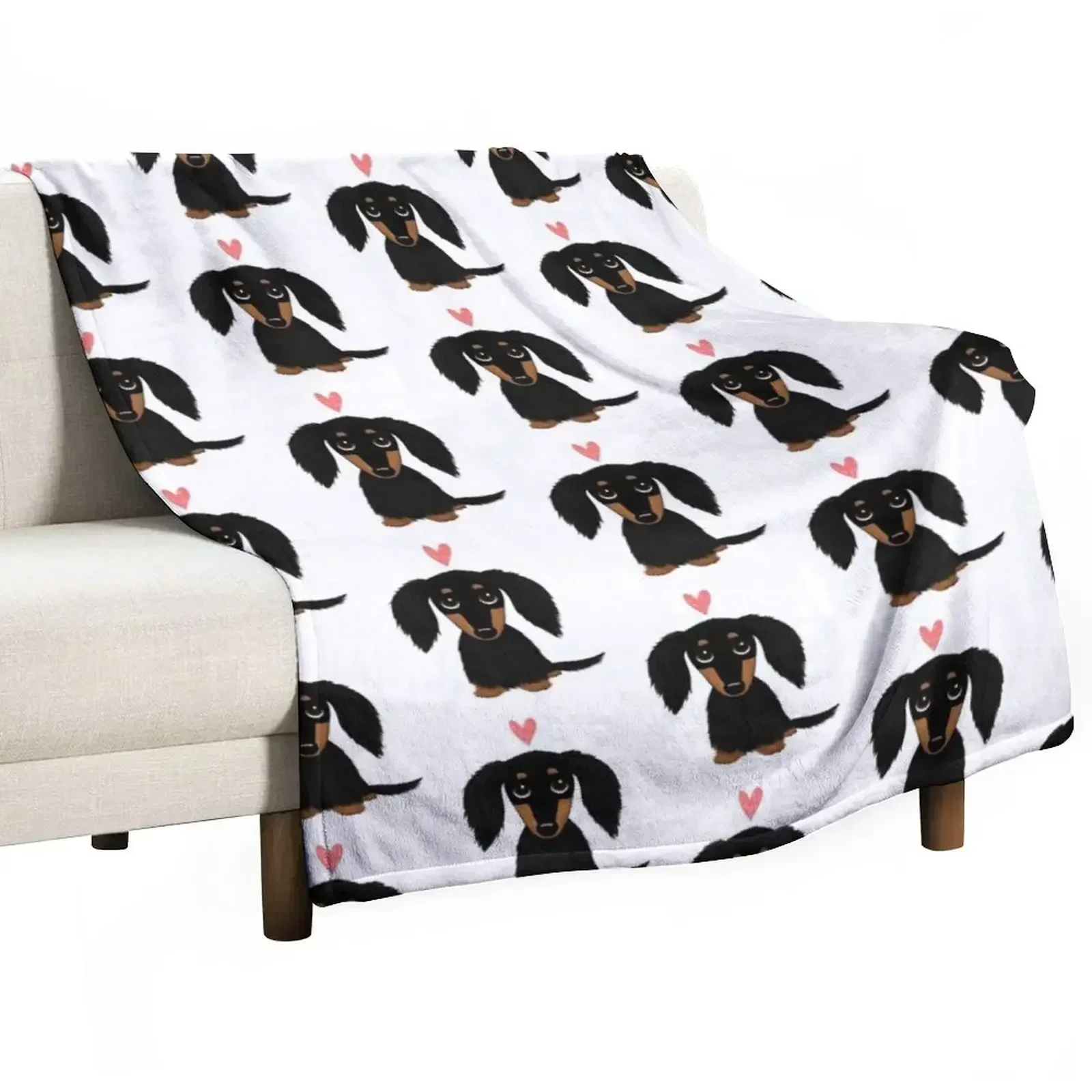 Black and Tan Longhaired Dachshund Cartoon Dog with Heart Throw Blanket Camping valentine gift ideas Blankets