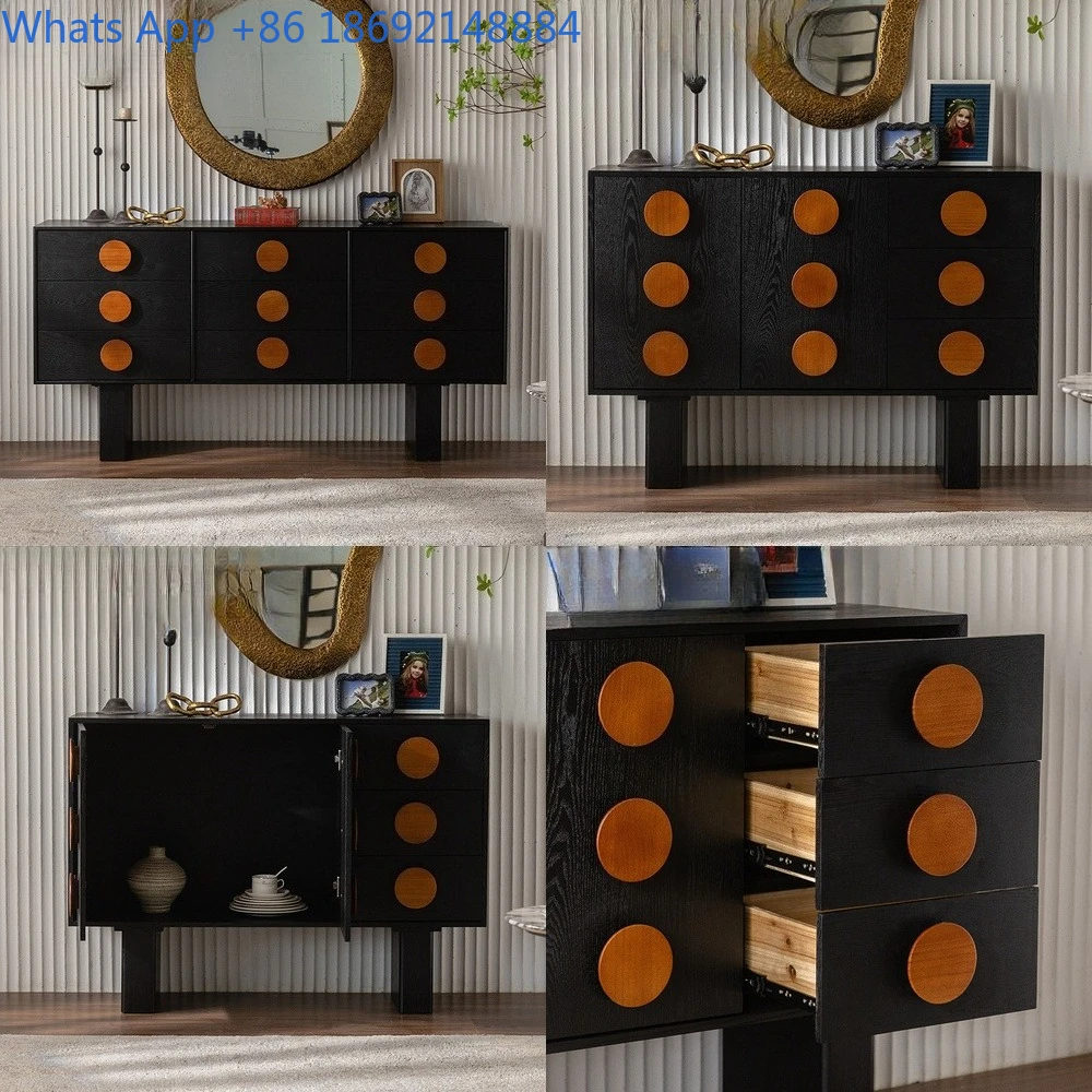 Vintage Solid Wood 9 Drawer TV Stand French Style Black Modern Simple Entry Cabinet Living Room Storage Sideboard