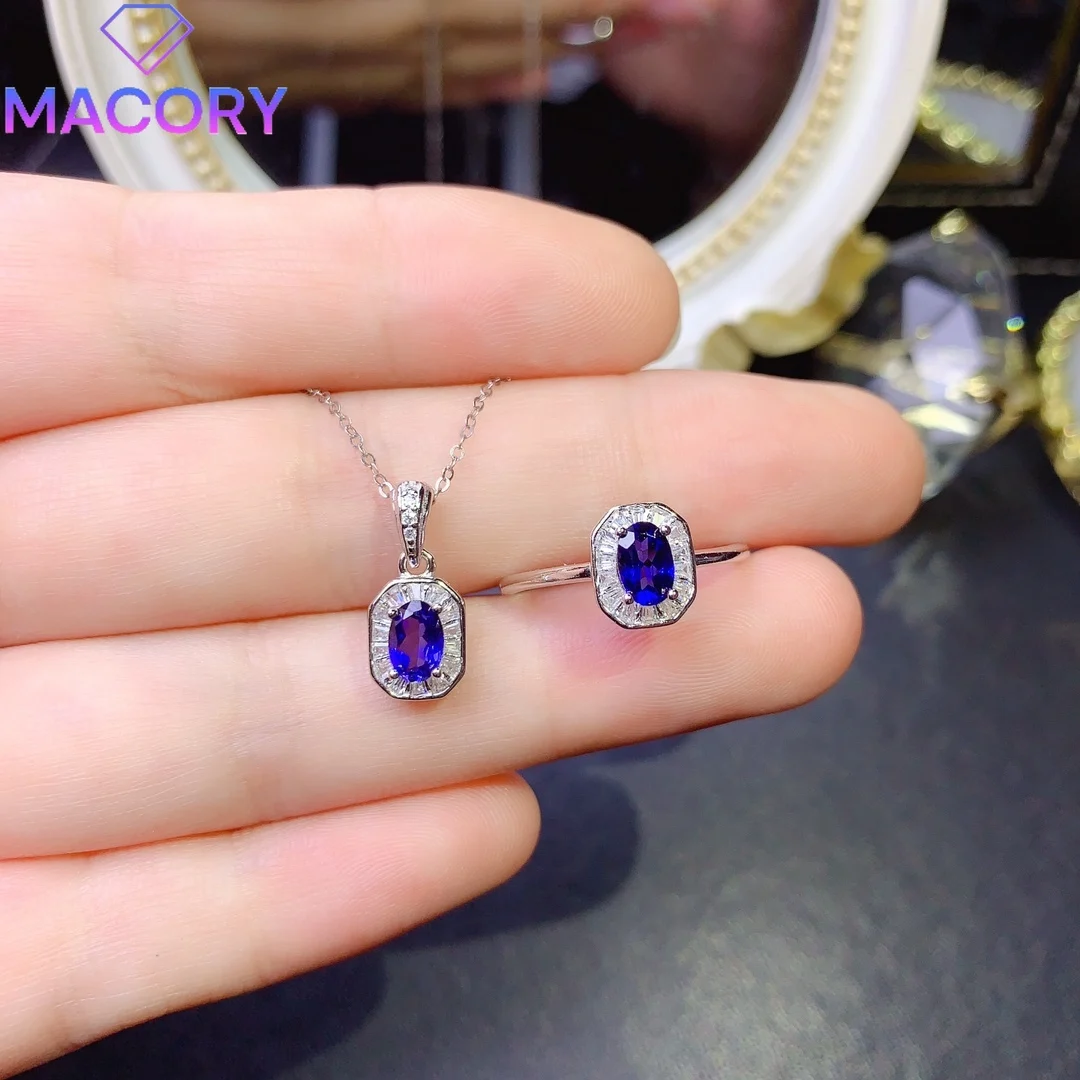 Sapphire jewelry set ladies sterling silver 925 jewelry elegant ladies set free shipping promotion Christmas ring necklace.