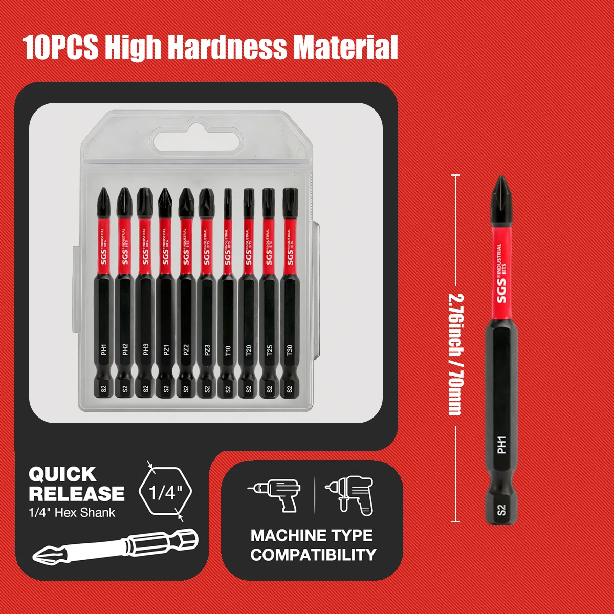 Upgraded Compartmentalized Box Set of Ph/Pz/Star-Shaped Multi-Model Screwdriver Bits, High Torque Impact Driver for Greater Durability, 70mm, S2 Steel, Quick Bit Change, Magnetic Screwdriver Bits, 1/4 Hex Shank Compatible with Electric Drills/Impact Drivers, Widely Used for Home DIY and Woodworking