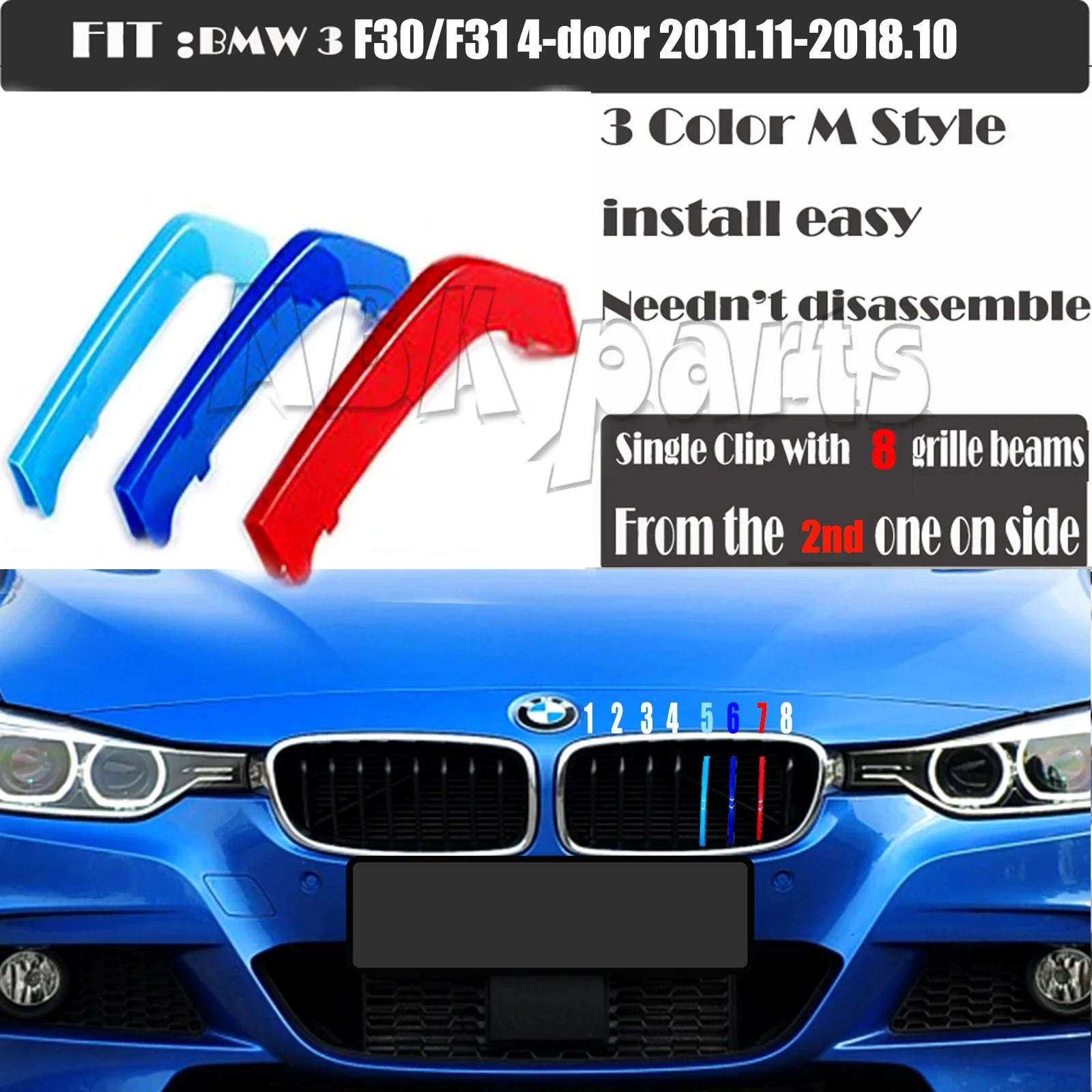 Fit 12-18 BMW3 F30 F31 SPORT EDITION Trim 3-Color Kidney Grille Clip M-Stripe with 8 slats