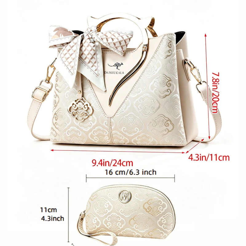 2-piece Set of Light Luxury Printed Women's Handbags, Large-Capacity Women's Bucket Bag Decorated with Silk Scarf