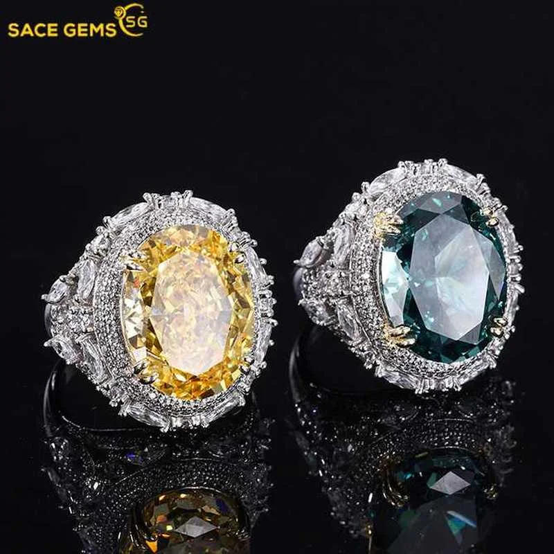 

SACE GEMS 100% 925 Sterling Silver Mint Green Yellow 12*16mm High Carbon Diamond Rings for Women Sparkling Wedding Fine Jewelry