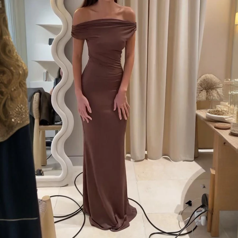 

Temperament Slim Solid Color Banquet Long Dress Lady Elegant Slash Collar Off Shoulder Evening Dress French Style Wrap Hips Gown
