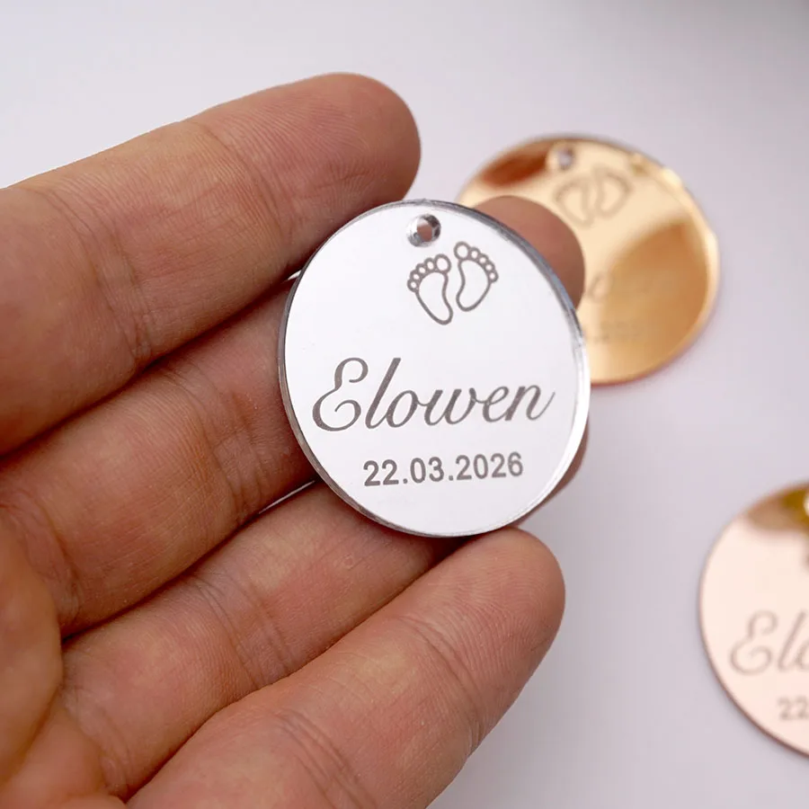 Personalisierter Spiegel-Acryl-Babyanhänger mit Namen, Geburtstagsgeschenk, runder Hängeanhänger, Gold, Silber, Roségold, Party-Dekoration – Detail 4