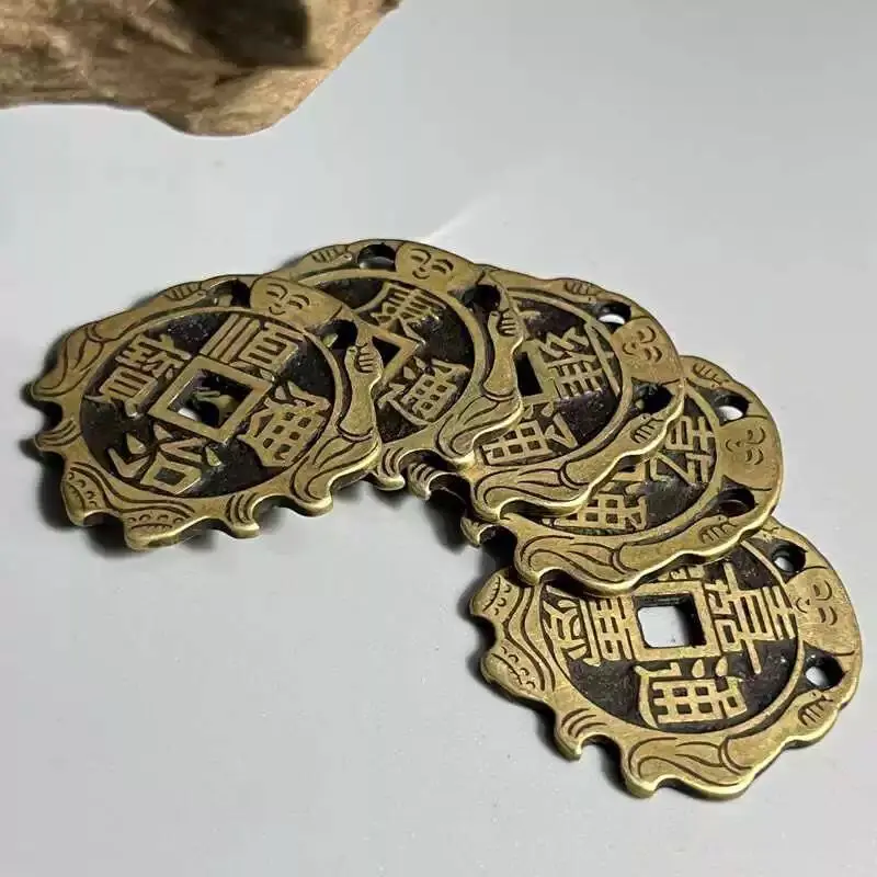 Five Emperors Coins: Qianlong Tongbao, Jiaqing Copper Coins, Brass Carved Child Amulet Pendant, Diameter 28mm