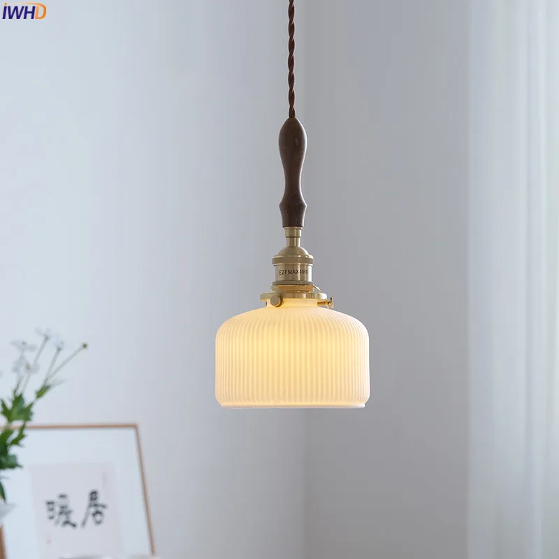 

IWHD Hanglamp Wood Handle LED Pendant Lighting Fixtures Home Bedroom Living Room Light Nordic Modern Ceramic Copper Haning Lamp