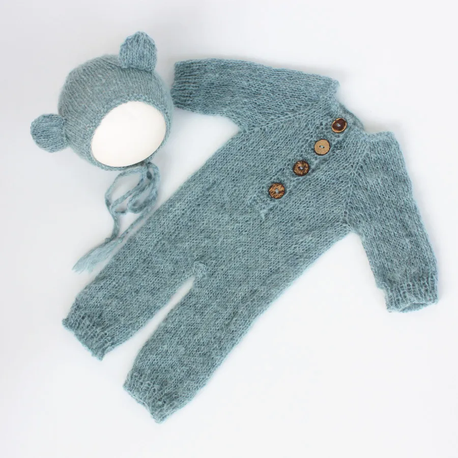 Feito à mão recém-nascido mohair onesie fotografia adereços bebê urso bonnet & conjunto de macacão