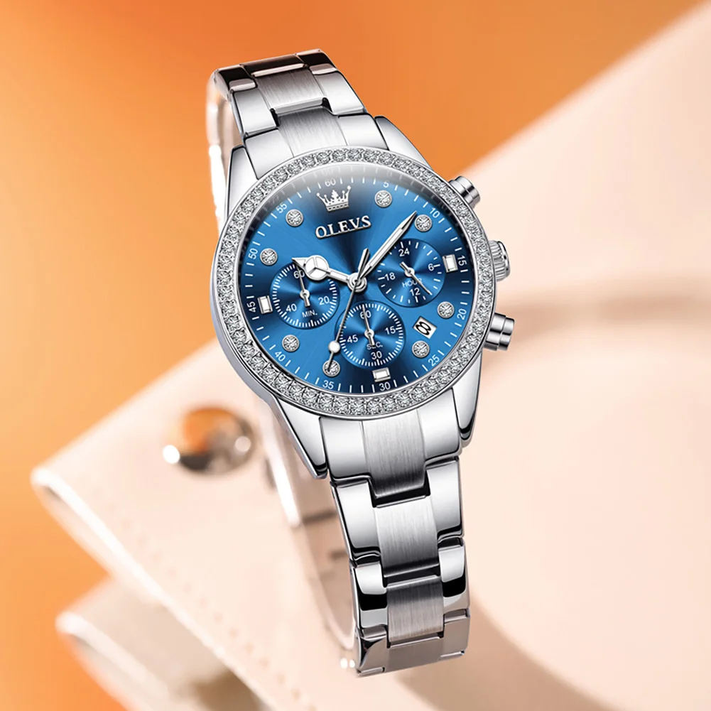 Novo olevs diamante relógio feminino prata azul senhoras relógios de pulso marca luxo strass pulseira das mulheres relógios feminino relogio