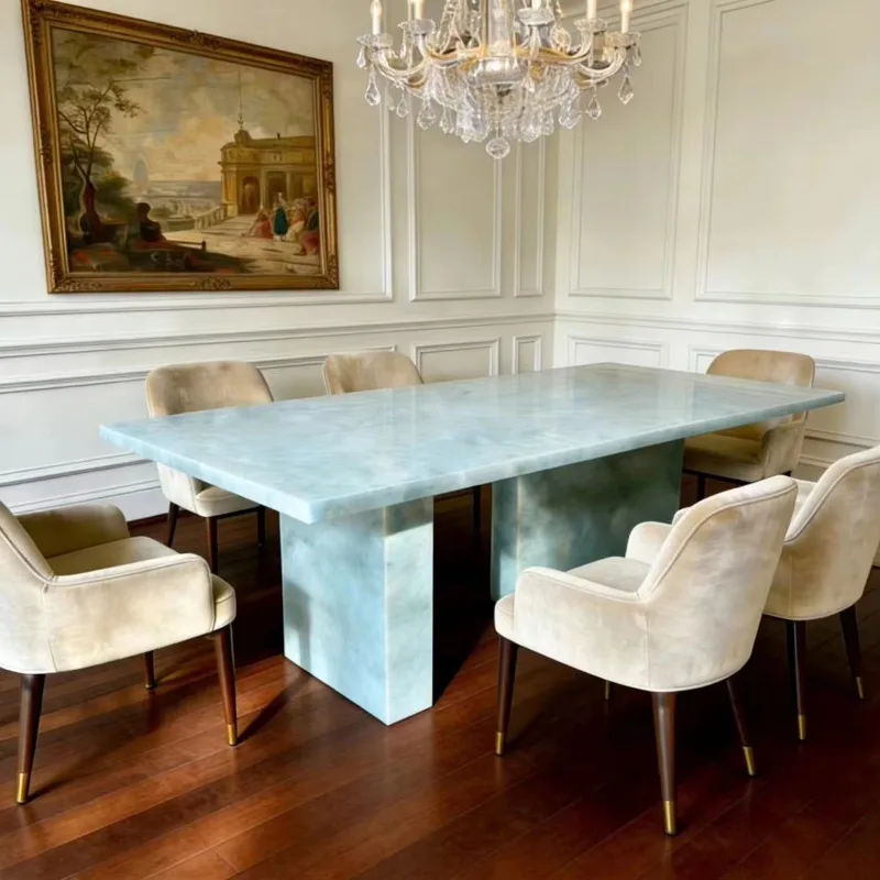 Modern luxury rectangular jade glass dining table, suitable for families, hotels, restaurants