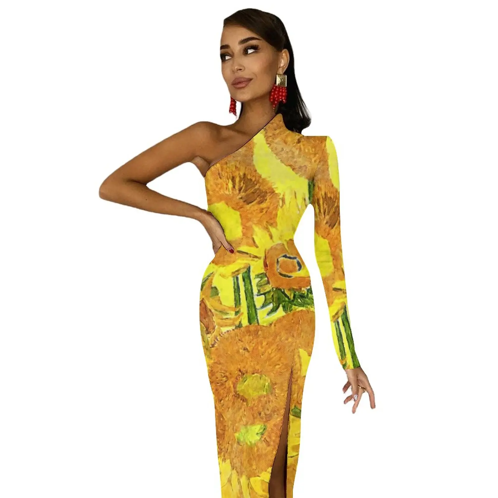 Van Gogh Bodycon Dress Autumn Vase with Sunflowers Sexy Side Split Long Dresses One Shoulder Graphic Party Dress