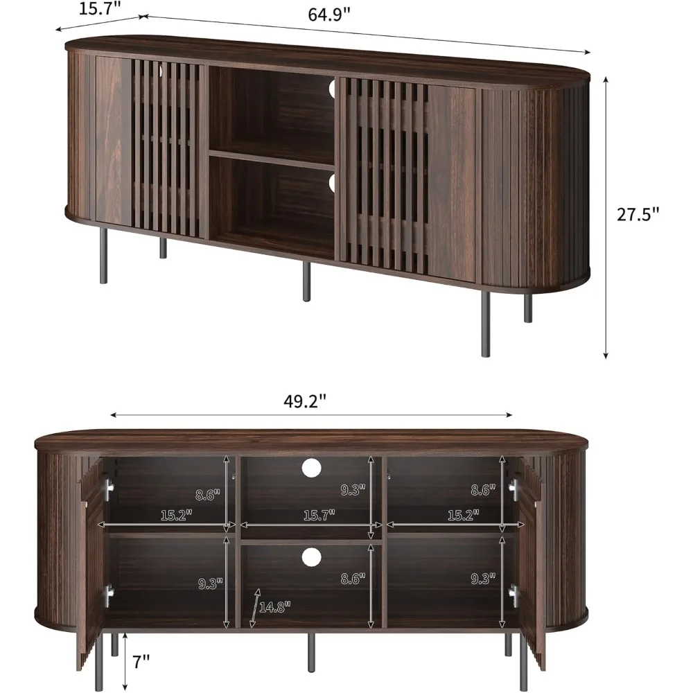 حامل تلفزيون 65 بوصة لأجهزة التلفاز حتى 75 بوصة، وحدة تحكم تلفزيون مركز الترفيه الحديثة في منتصف القرن مع أرفف قابلة للتعديل، ملف تعريف منحني