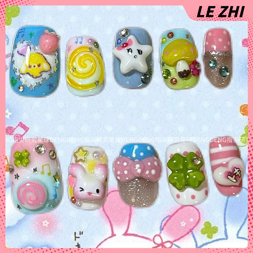 Y2K الكرتون القط الدب أرنب قصيرة اليدوية مسمار حزب ملصق ثلاثية الأبعاد الماس Bowknot أربع أوراق البرسيم الفطر يمكن ارتداؤها وهمية مسمار