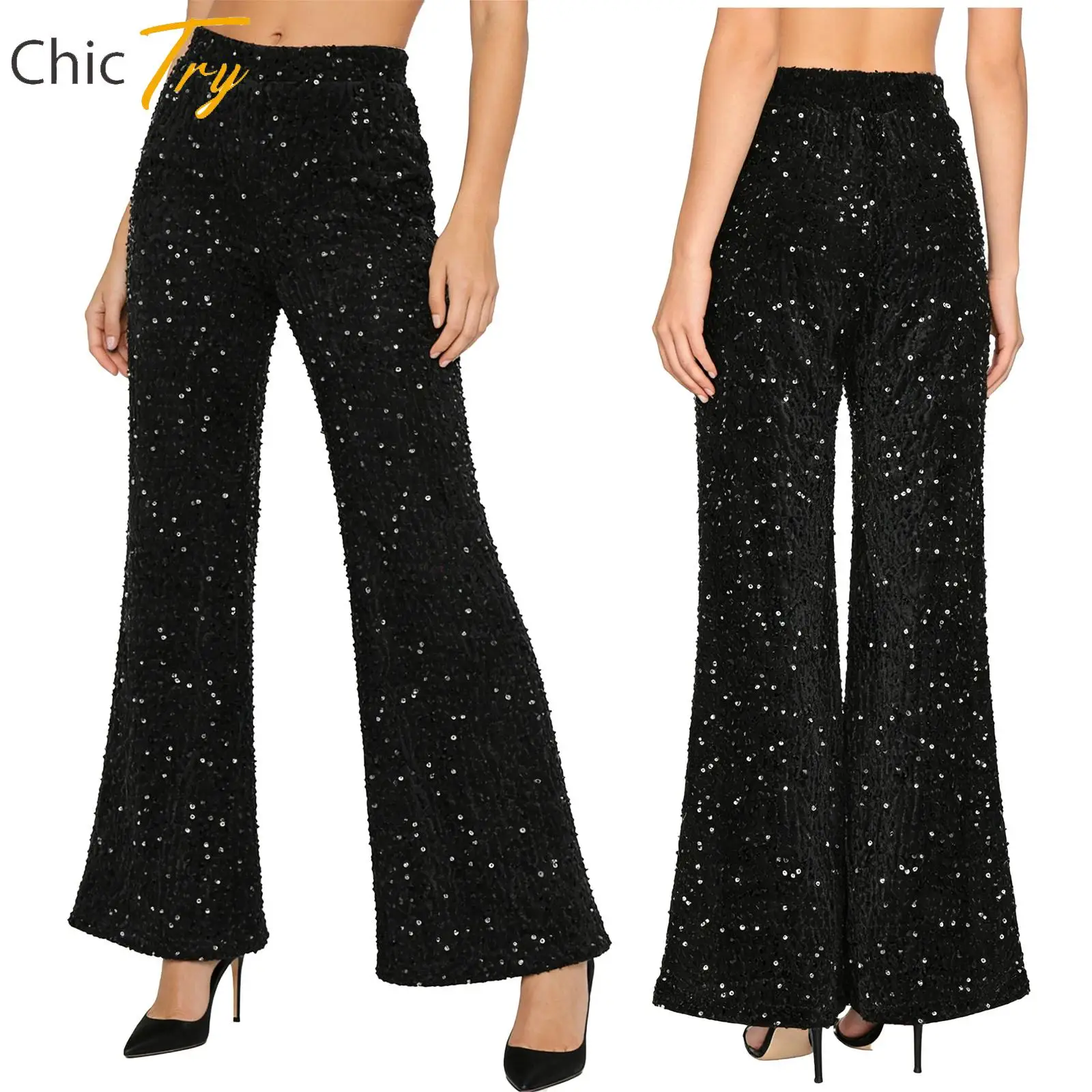 

Женские брюки для джазовых танцев, сценический костюм для вечеринок, клубная одежда, блестящие бархатные брюки с пайетками, длинные брюки с высокой талией, расклешенные брюки