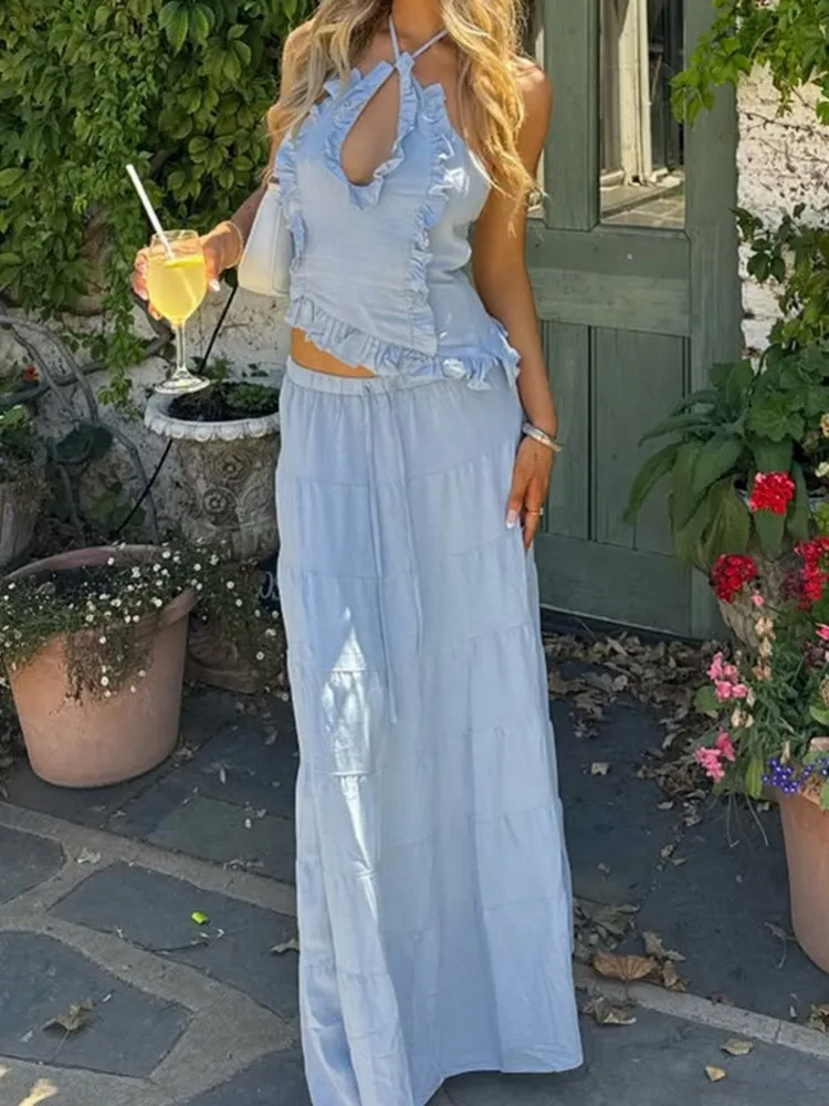 

Elegant 2 Piece Set Dresses Women Spaghetti Strap Tops And Slim Long Maxi Skirts Sexy Club Female Streetwear Matching Suit