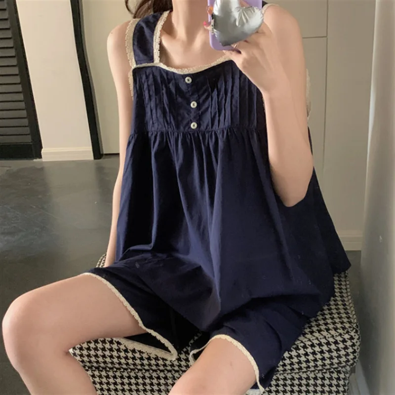 Summer Women's Solid Color Pajama Set Cotton Navy Blue Button Lace Flounce Night-clothes Sling Sweet Young Girl Unique New Dress