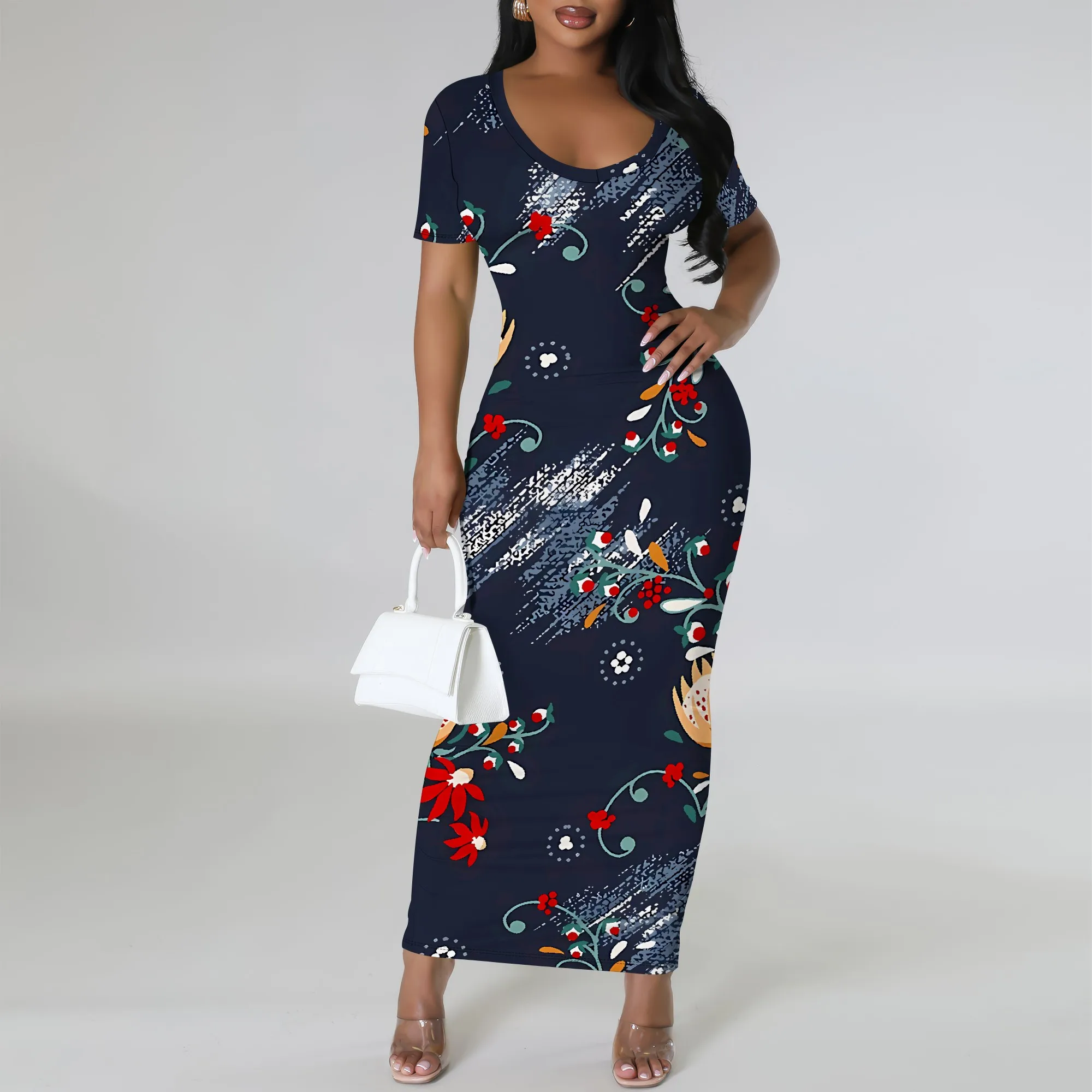 

Nupusa Floral Vine Print Dress for Women Regular Size Summer Casual Scoop Neck Short Sleeve Maxi Dress