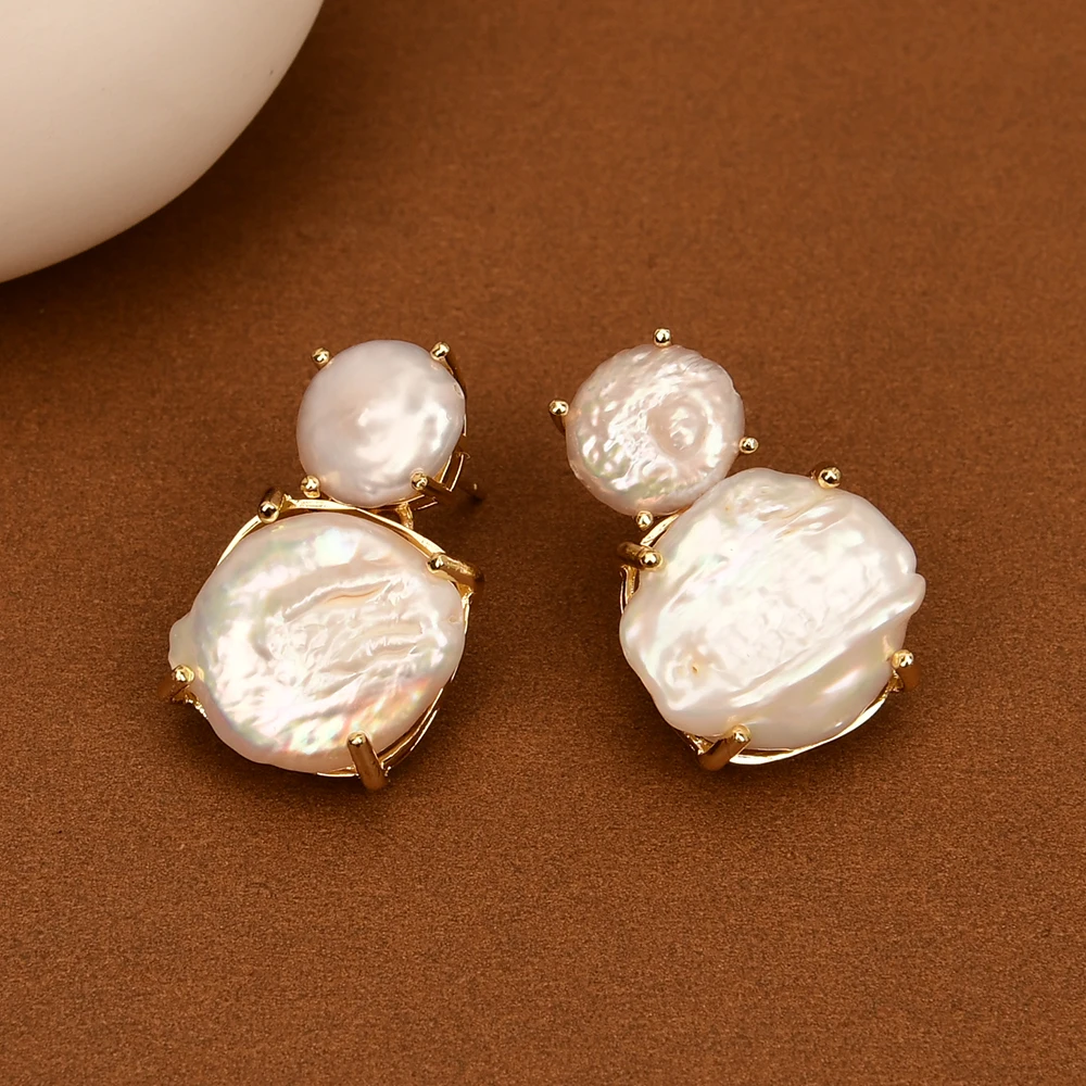 G-G Cultured White Keshi Coin Pearl 24K Yellow Gold Plated Stud Earrings For Women