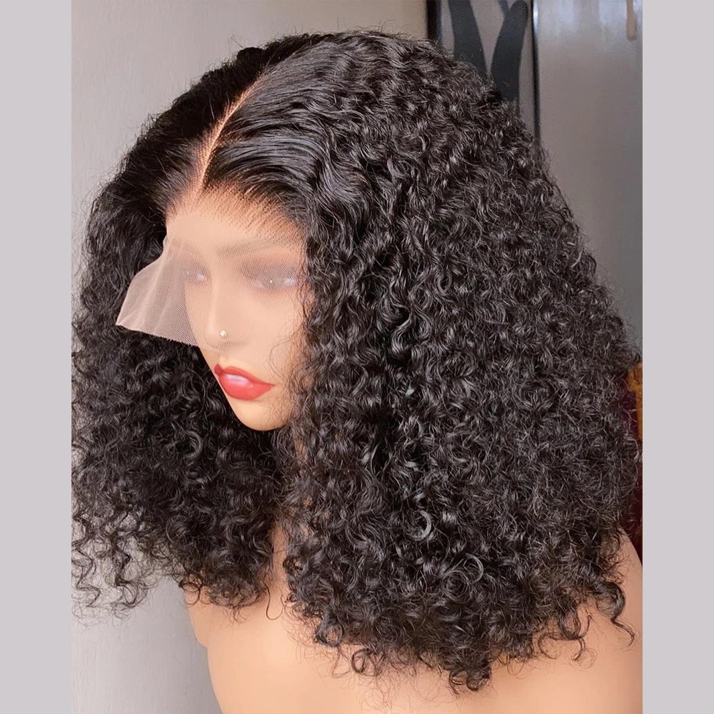 

Glueless 180 Density 14 inch Soft Natural Black Short Cut Bob Kinky Curly lace Front Wig For Black Women Daily Cosplay Deep Part