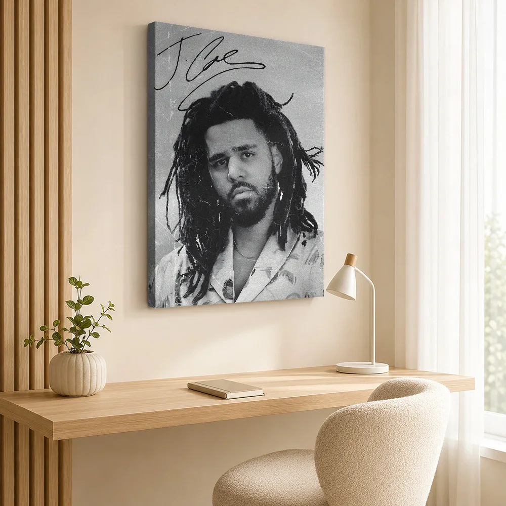 J. Cole Autographed Portrait Framed Canvas Poster Customized Retro Music Wall Paintings Decoration for Bar Gift for Collectors