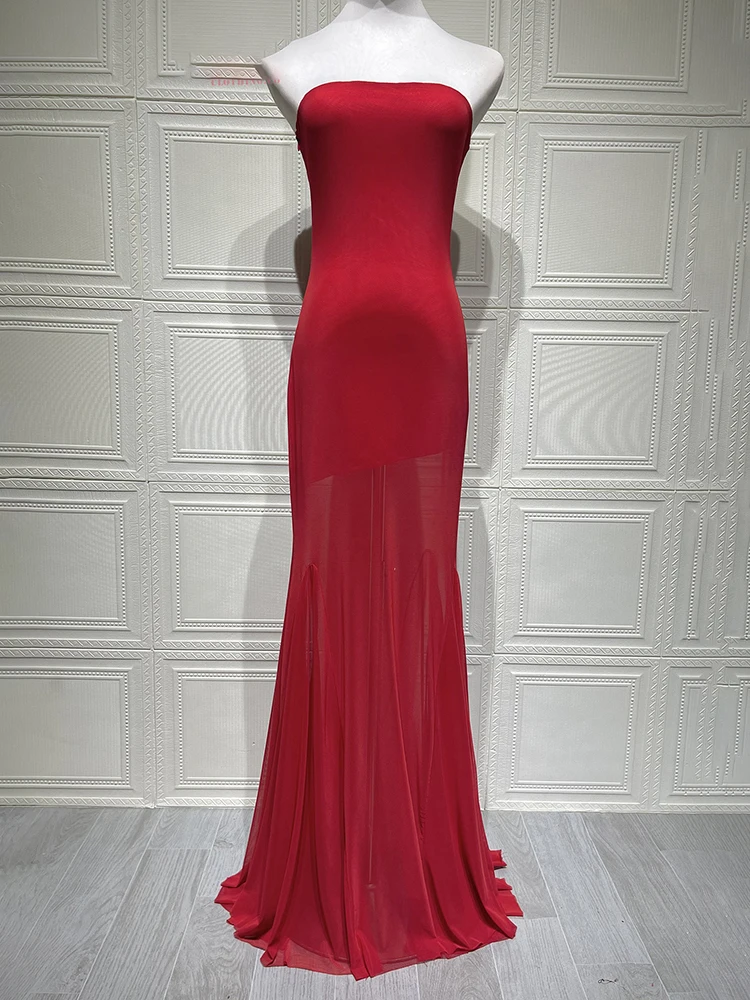 XIAOTANG Off-shoulder Strapless Sexy Maxi Dress Women Gown Fashion Elegant Mesh Sleeveless Backless Bodycon Club Party Dresses